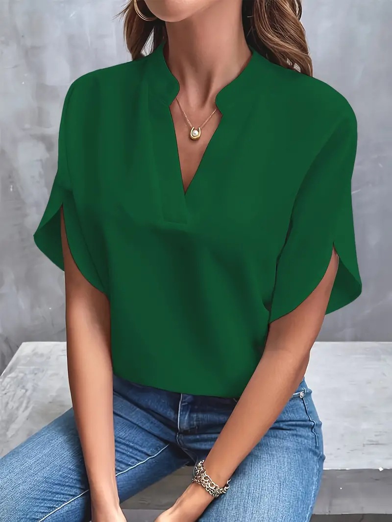 2024 Cross-Border European And American Foreign Trade Women's Summer Casual Short-Sleeve Solid Color V-Neck Loose_ecoleips.com