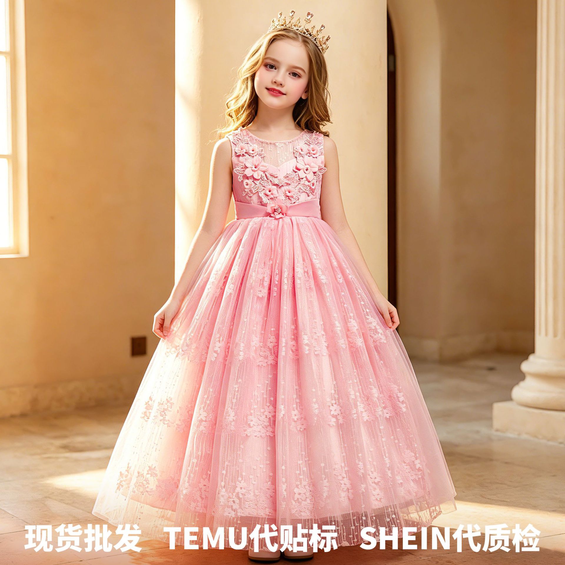 Vestido para niños Amazon Supply vestido de encaje de niña vestido de novia vestido de princesa de color sólido para niños medianos y grandes 831