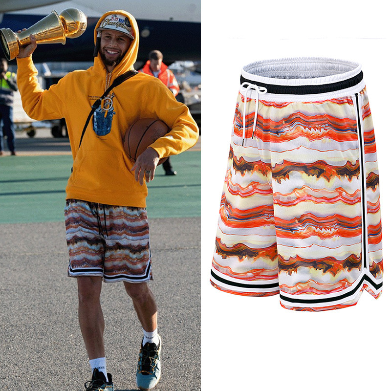 Summer New Warriors Curry Champion Parade Cloud Serpentine Fabric Ribbon Pair Side Loose Board Men's Shorts Plus Size