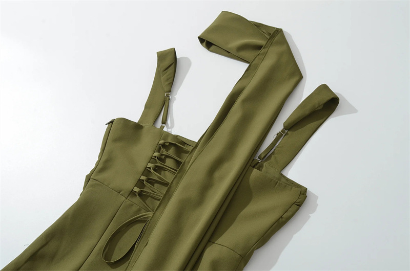 European American Style Scarf-strap Dress For Women, With A Stylish Sexy High Slit, Waist-cinching, Pleated, And Long_ecoleips.com