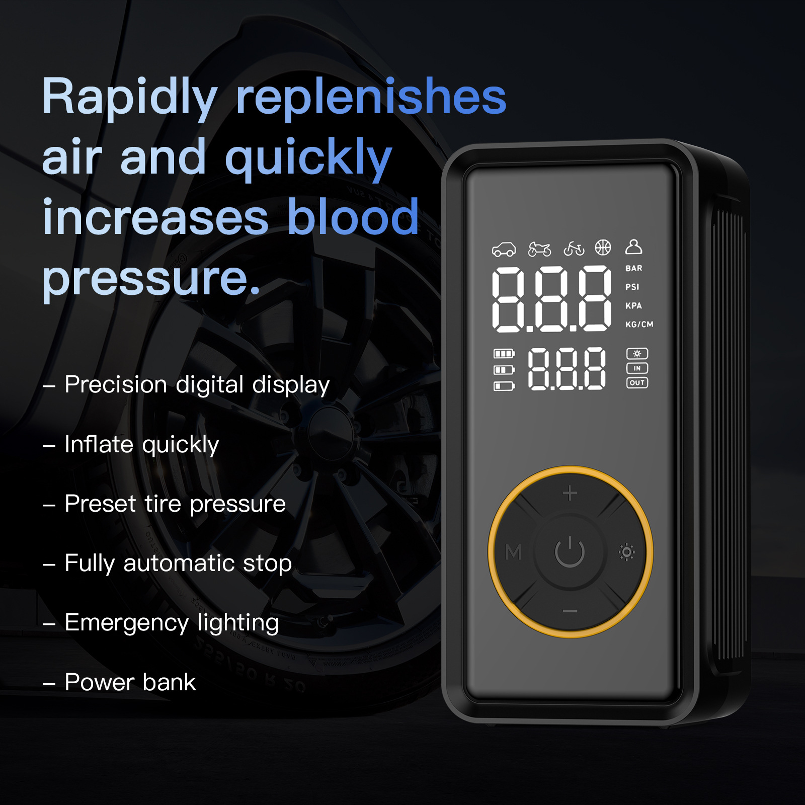 Car Air Pump, Portable Car Air Pump, High-Power Tire Inflator, Multi-Functional Emergency Air Pump