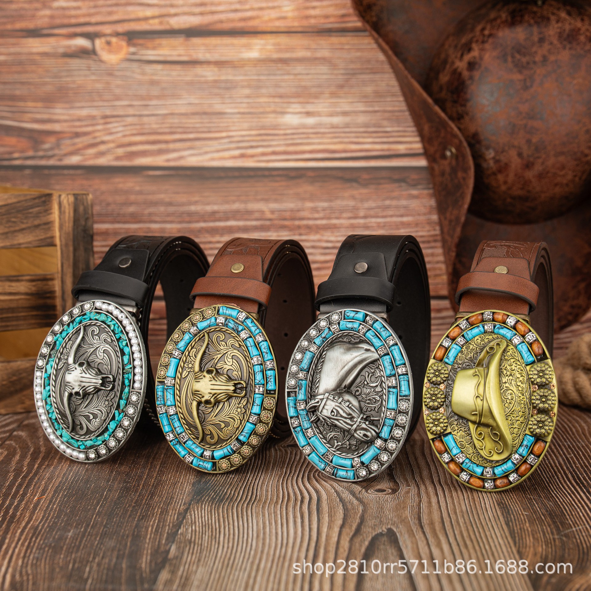 Cross-border retro nuevo estilo azul turquesa cuentas de madera cabeza de toro hebilla cinturón de cuero PU punk europeo y americano