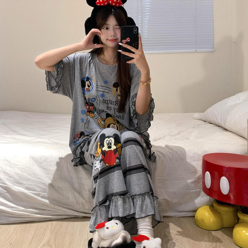 【现货】米奇木耳边短袖睡衣女款夏季宽松慵懒条纹长裤家居服套装|undefined