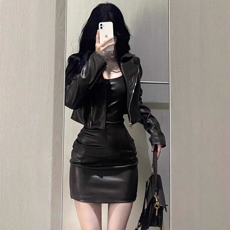 Women's 2025 Autumn New Hot Girl Short Leather Jacket Coat Camisole Dress Slim Fit Bodycon Skirt Trend