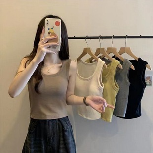 New Style Summer Thread Cotton Square Collar Vest with Chest Pad Women's Sexy Sexy Outer Wear Bottoming Sleeveless Top Trendy