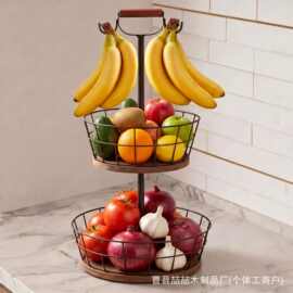 跨境水果收纳筐铁木结合厨房用品蔬菜收纳架香蕉挂钩零食架鸡蛋篮