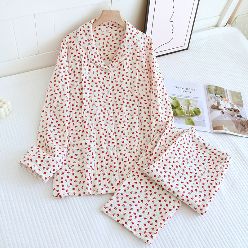 코튼 크레이프 옷깃 작은 붉은 꽃 감금 의류 세트