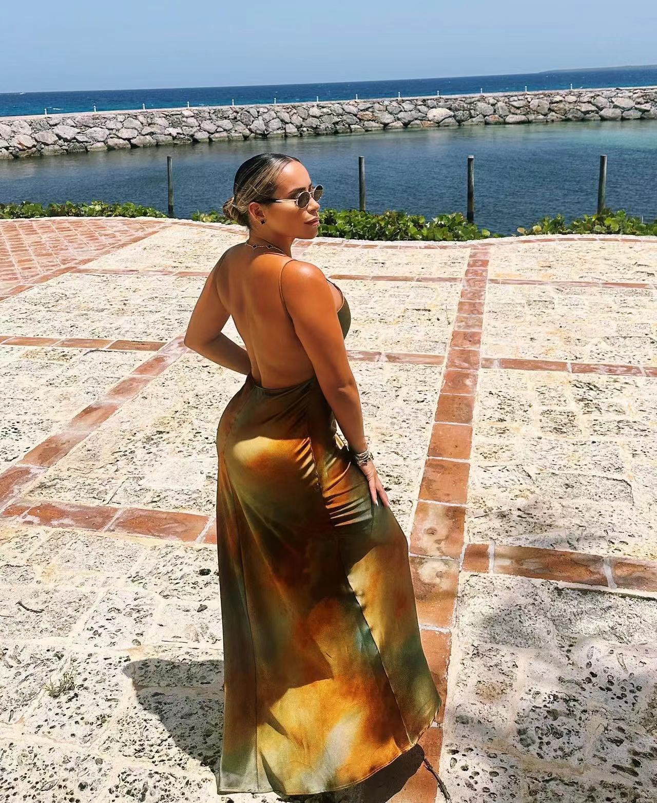 Mid Waist Waist Line Holiday, Beach Occasion Wholesale Women's Sexy Streetwear Backless Tie Dye Holiday Beach Strap Sleeveless Strap Dress