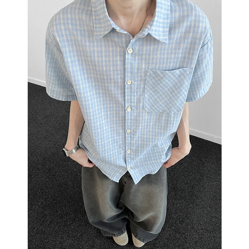 Summer Korean-Style Short-Sleeve Plaid Shirt for Teenagers, Artistic and Fresh, Relaxed and Trendy Loose Shirt for Men