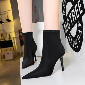 1619-3 European and American Style Sexy Night Club Slim Short Boots Pointed High Heel Silk Elastic Lycra Women's Bo