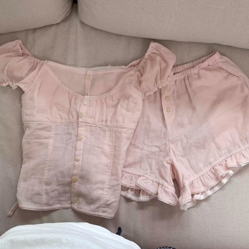 粉色芭蕾风短袖睡衣女夏季纯欲风甜美纯欲蕾丝花边家居服短裤套装|undefined