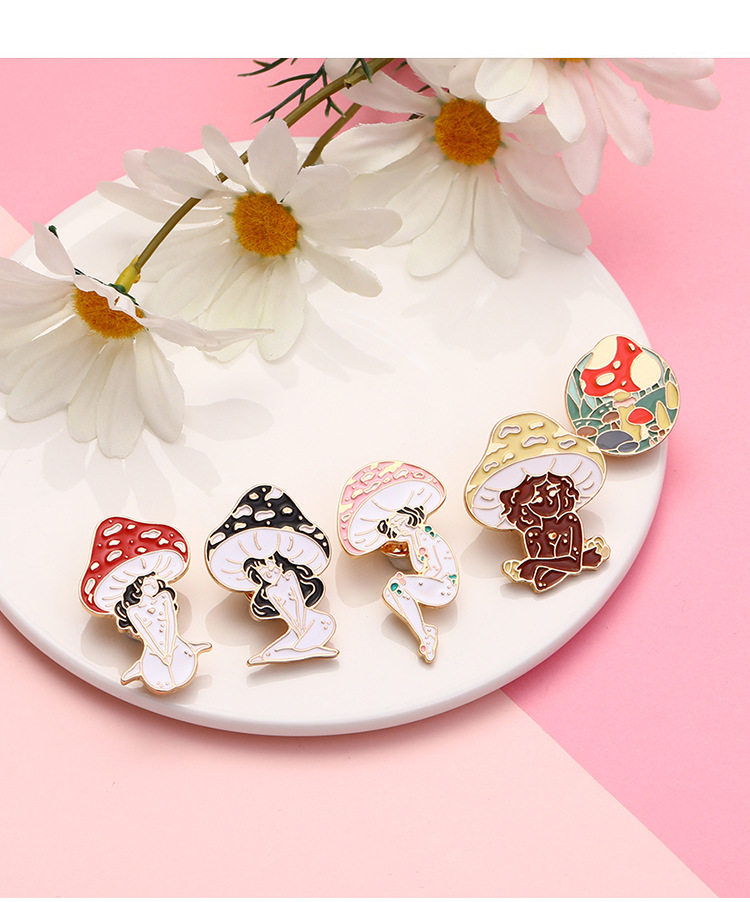 Cross-border New Arrival Oil Drip Brooch Europe And America Creative Personalized Mushroom Girl Brooch Bag Clothing Accessories Wholesale display picture 2