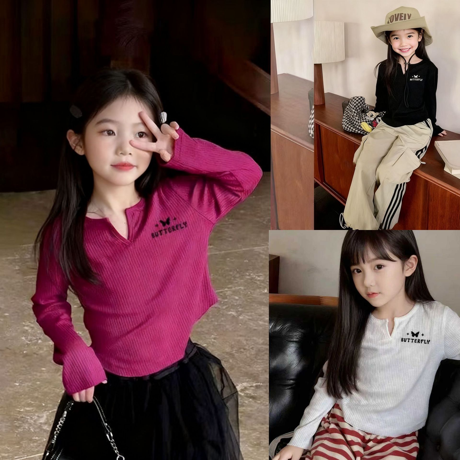 2025 Autumn New Girls' Ribbed Butterfly Print Long Sleeve T-Shirt Children's Base Shirt Korean Style Trendy Top