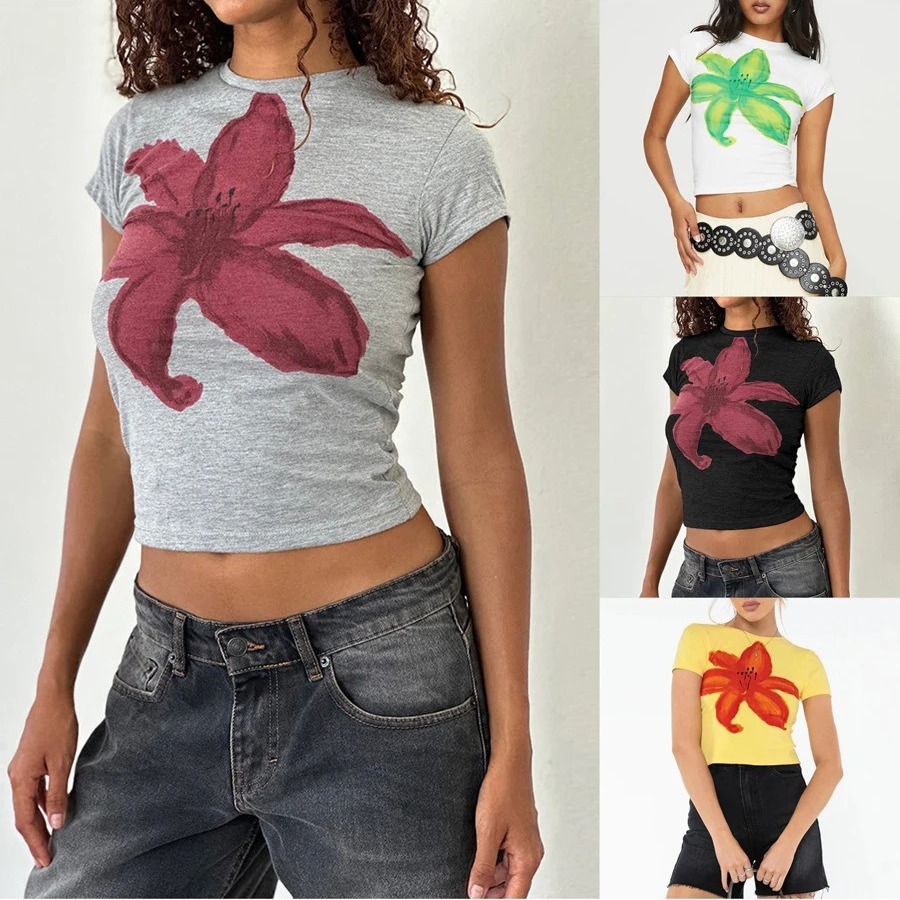 Women's Clothing Streetwear Y2K Women's Floral Print T Shirt Round Neck Short Sleeve Slim Fit Baby T Shirt Casual Daily Cropped Top_voghion.com