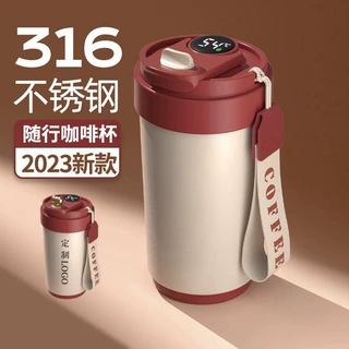 316不锈钢智能显温推盖咖啡杯陶瓷内胆保温杯户外随行车载咖啡杯