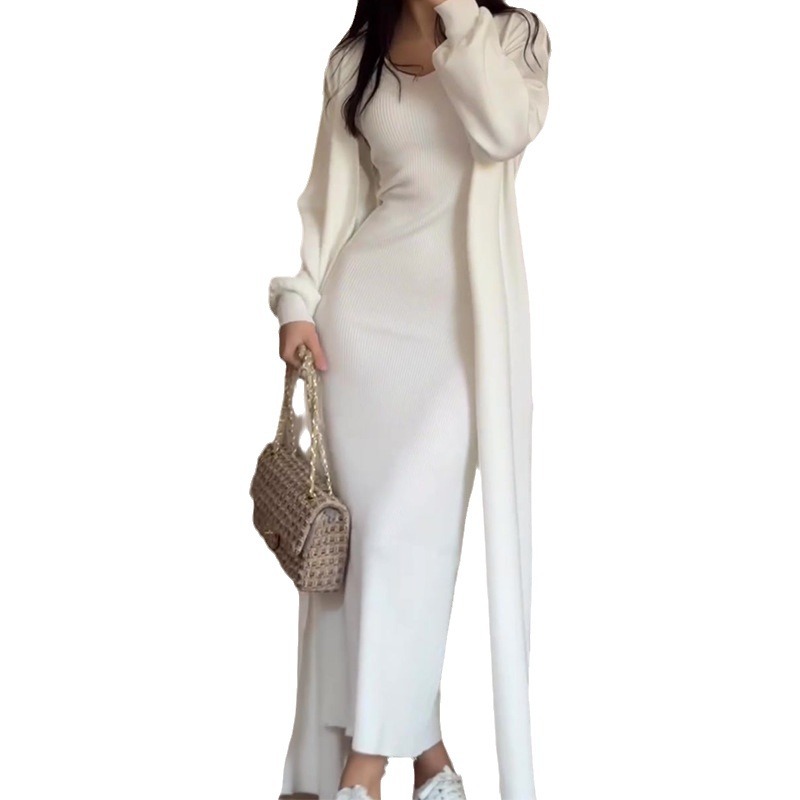 Ubrania damskie jednolity kolor leniwy styl dopasowany sweter z dzianiny do kolan spódnica garnitur_voghion.com