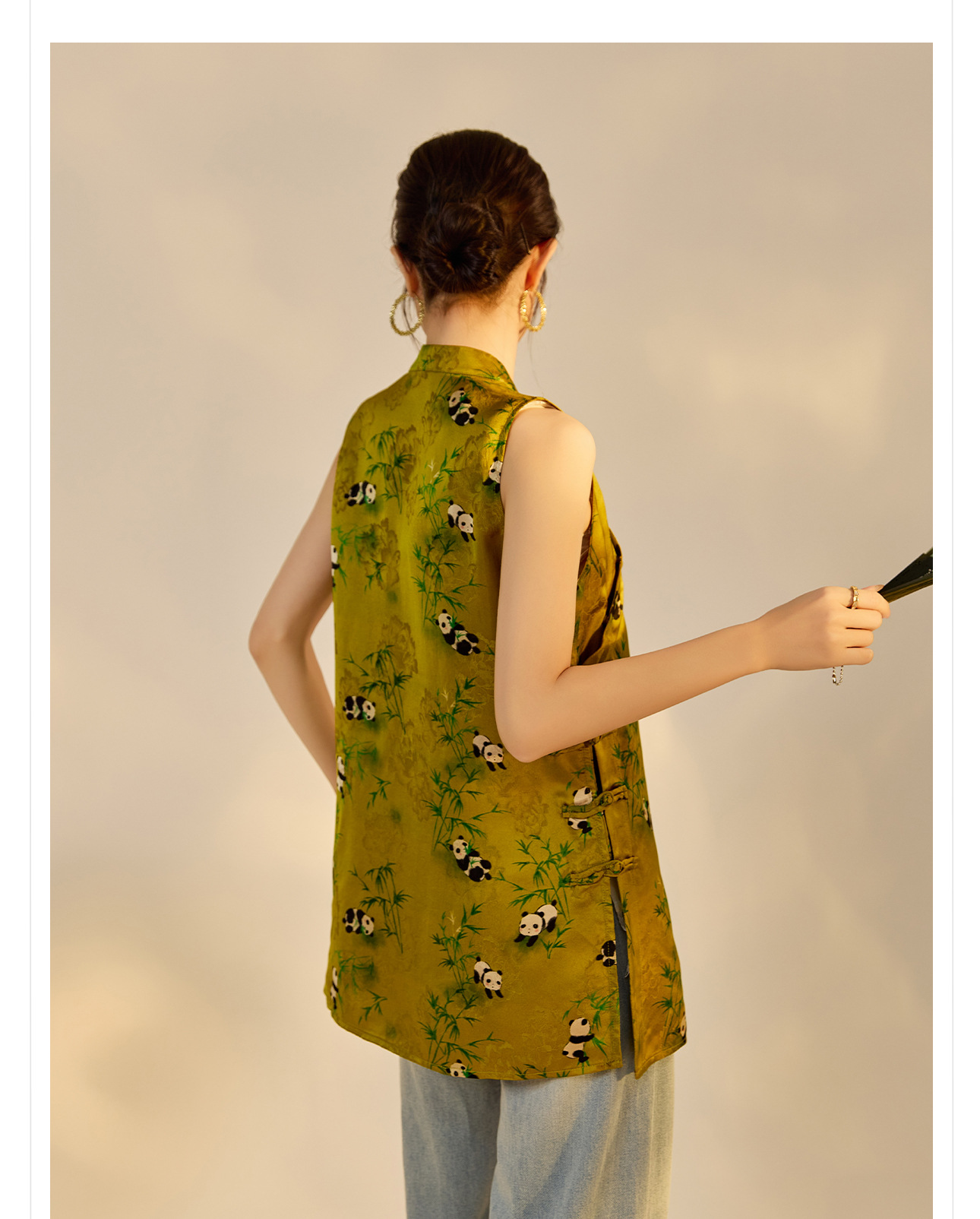 Áo vest cổ tre họa tiết gấu trúc phong cách Trung Hoa mới dành cho nữ — Màu vàng chi tiết 10