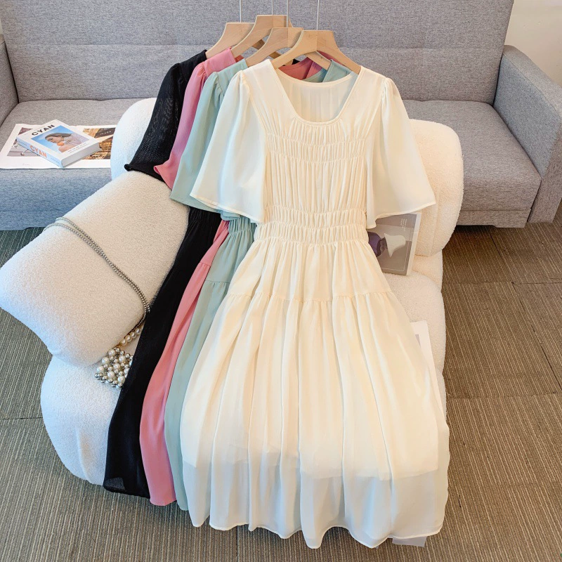 2025 корейский стиль, простое и элегантное платье средней длины для полных женщин с эластичной талией, моделирующее фигуру, размер 50-110kg мм.