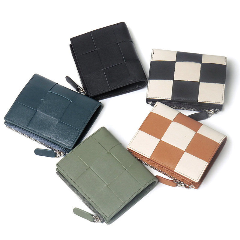 Factory direct selling cowhide high-end ins style high-end woven card bag women's leather zipper two-fold coin purse