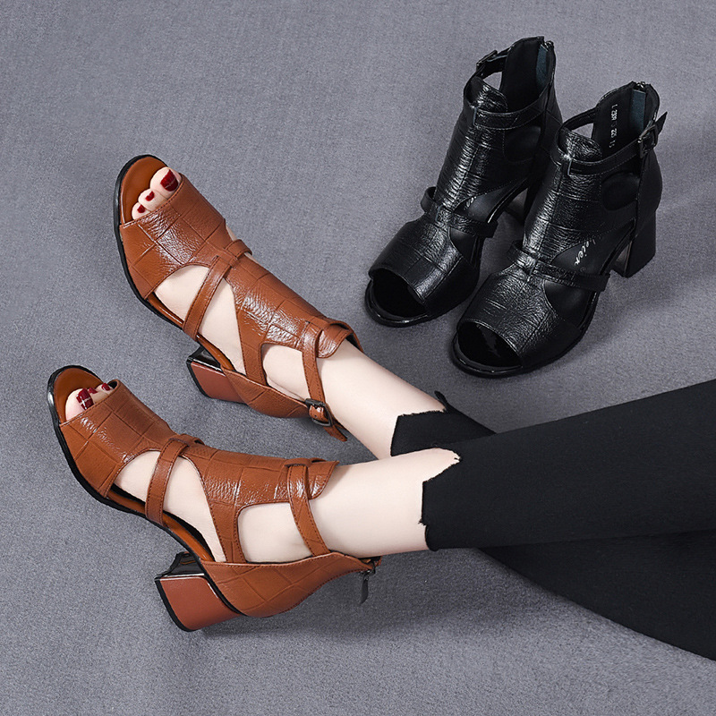 Sandal cao gót nữ da thật mũi hở kiểu Pháp gót vuông 9 cm — Màu nâu