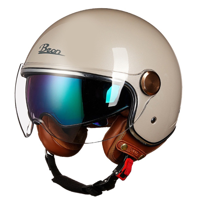 BEON casco de la motocicleta retro medio casco cuatro estaciones universal de los hombres y las mujeres del coche eléctrico de la motocicleta casco de doble lente