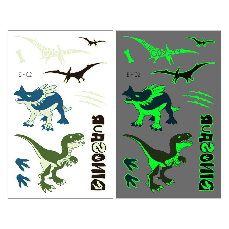Suministro transfronterizo nuevo dinosaurio luminoso tatuaje pegatinas niños dibujos animados diversión pegatinas luminosas pegatinas temporales del tatuaje