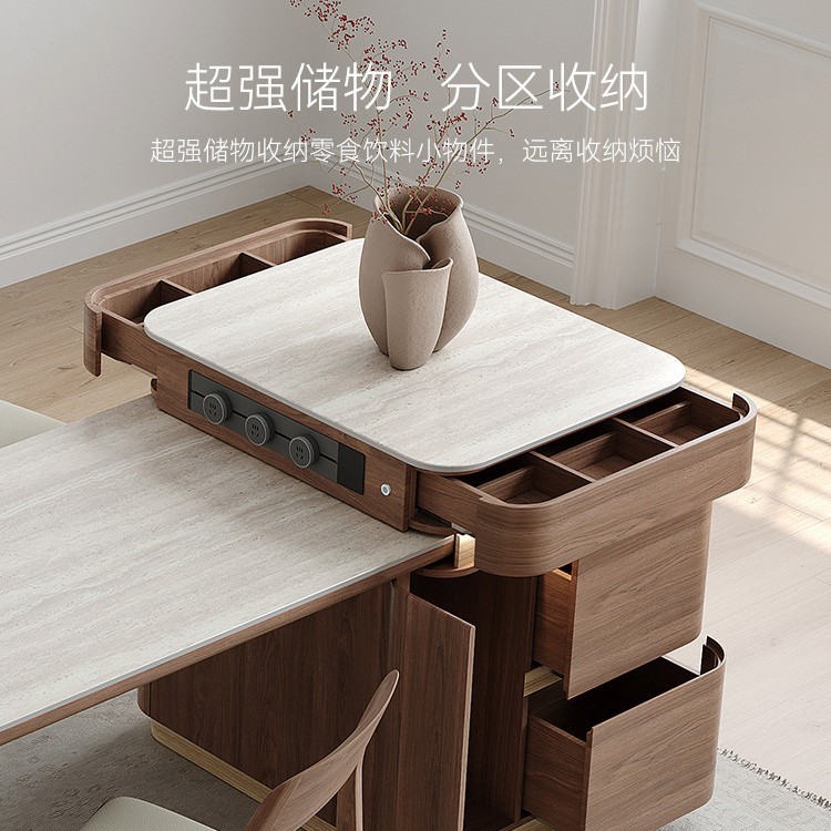 Mesa de mesa de mesa de mesa de la isla, una placa de roca de travertino, grano de madera de nogal negro, sensación de alta calidad, lujo ligero, armario de almacenamiento retráctil para el hogar contra la pared
