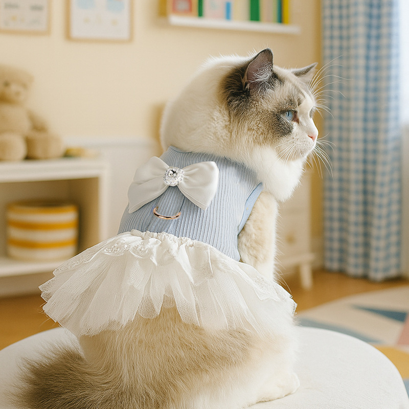 现货跨境爆款宠物小狗猫咪衣服工厂直销春秋新款蓝白蝴蝶结公主裙|undefined