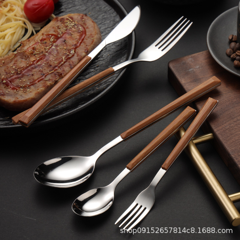 드롭 배송 식기 스푼 포크 나뭇결 스테인레스 스틸 가정용 고급 스테이크 절묘한 나이프와 포크 식기