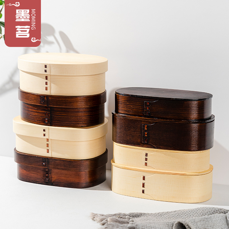 Caja bento de estilo japonés, vajilla de madera, hogar, cuello blanco, viaje portátil, caja de frutas frescas, lonchera de madera de una sola capa, doble capacidad