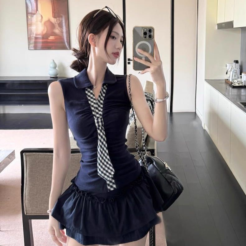 Summer New Pure Desire Sweet and Spicy Plaid Tie Pleated Vest Slim Fit All-In-One with Chest Pad Versatile Slimming Top Summer New Pure Desire Sweet and Spicy Plaid Tie Pleated Vest Slim Fit All-In-One with Chest Pad Versatile Slimming Top
