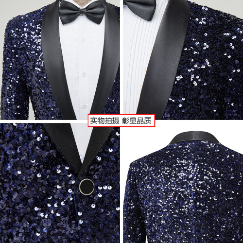 Navy blue sequins glitter jazz dance blazers for men youth bar nightclub band singers choir host stage performance Wedding party groomsman dress suit jackets