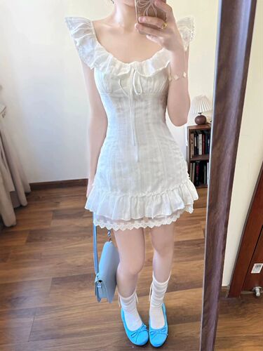 White dress, woman's summer beautiful first love, small white dress, summer beautiful dress, pure waist pinching a-line short skirt
