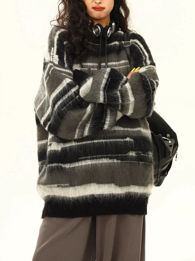 Американский ретро-полосатый свободный повседневный свитер для мужчин и женщин осень-зима новая ленивая атмосфера пара вязаный топ