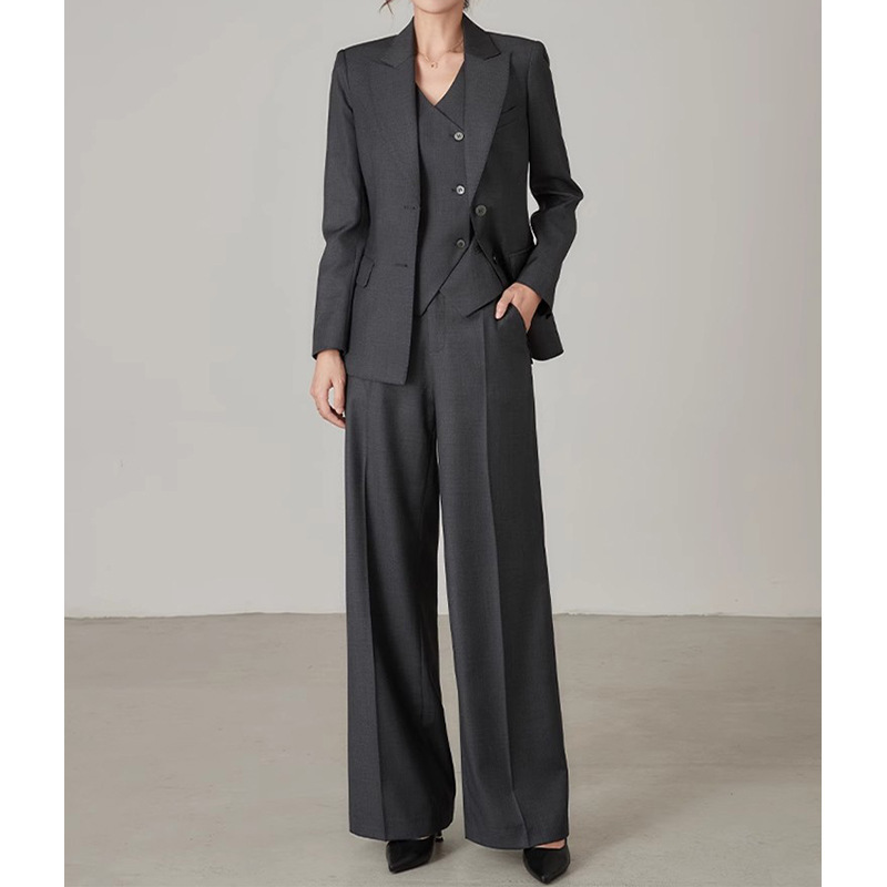 In stock factory wholesale commuter gray suit suit women's suit jacket wide leg pants three-piece overalls formal wear