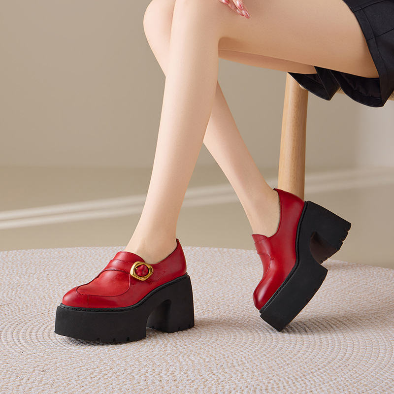 Giày loafer nữ gót vuông cao 10 cm, phong cách Pháp cổ điển, đế dày tăng chiều cao — màu đen