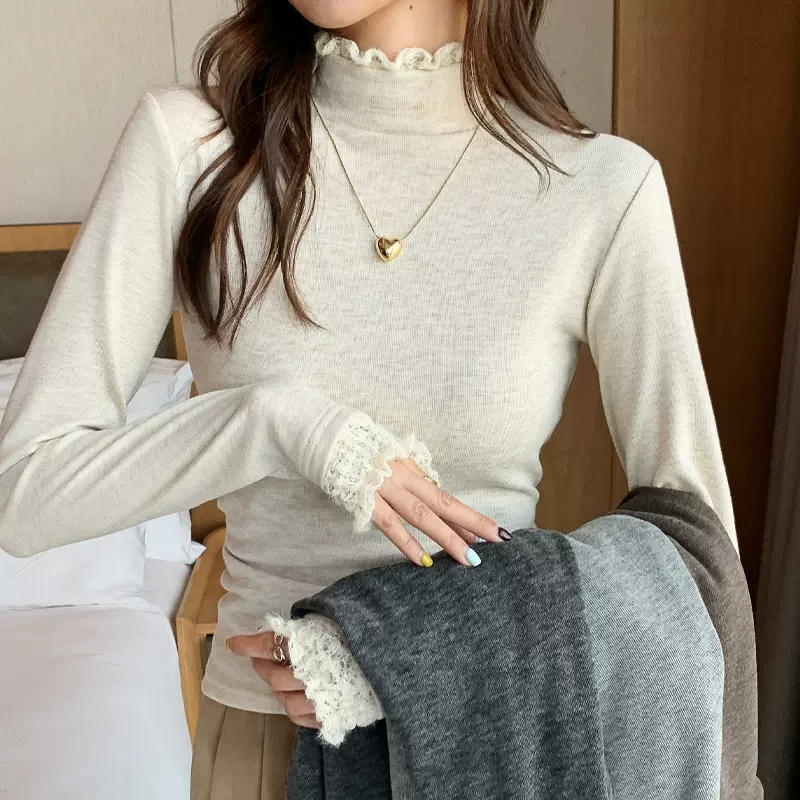 H270定制蕾丝拼接半高领打底衫女秋冬螺纹毛衣花边针织衫内搭上衣