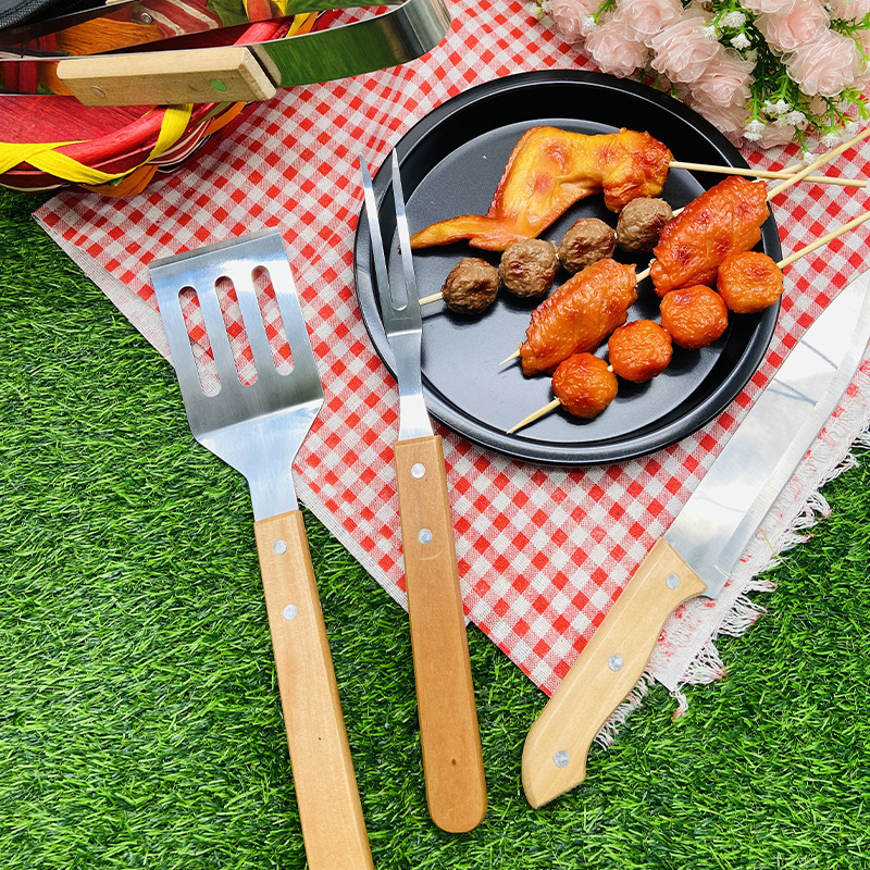 户外野营烧烤工具组合木柄叉铲夹BBQ配件布袋荷木柄烤具套装|undefined