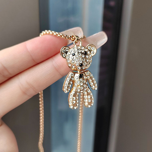 Cute full-diamond bear necklace long style cool trendy brand sweater chain pendant hip-hop personality necklace factory wholesale