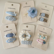 手作蓝色小清新花朵碎花发夹BB夹刘海夹套装儿童蝴蝶结对夹发卡发