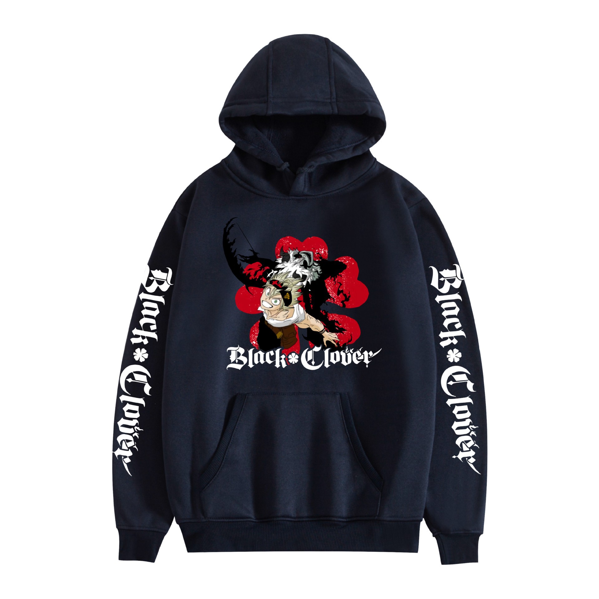 Suéter con capucha periférico de animación de trébol de cuatro hojas negro bidimensional marca de moda sudadera con capucha suelta casual más chaqueta de terciopelo nuevo