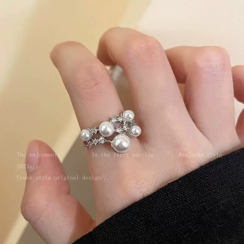 流星珍珠锆石开口戒指女冷淡风气质百搭食指戒秋冬小众感指环G
