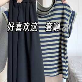 仅用于产品展示勿拍-圆领条纹短袖T恤女夏季宽松大码胖mm微胖轻奢