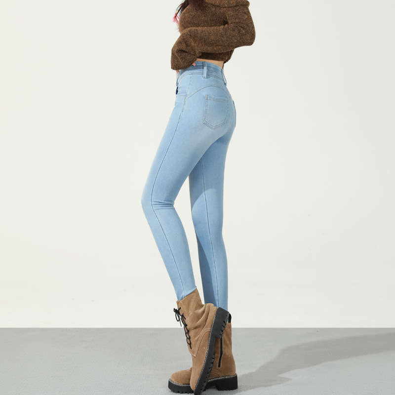 High-Elastic Knitted Soft Jeans for Women, Tight-Fitting High-Waisted Autumn and Winter Fleece-Lined Thin Velvet Peach Hip Slim Pencil Pants and Boot Pants