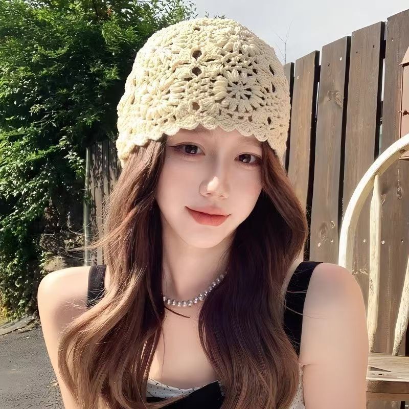编织堆堆帽子女夏季薄款蕾丝包头帽镂空手工钩花针织毛线帽潮跨境|undefined