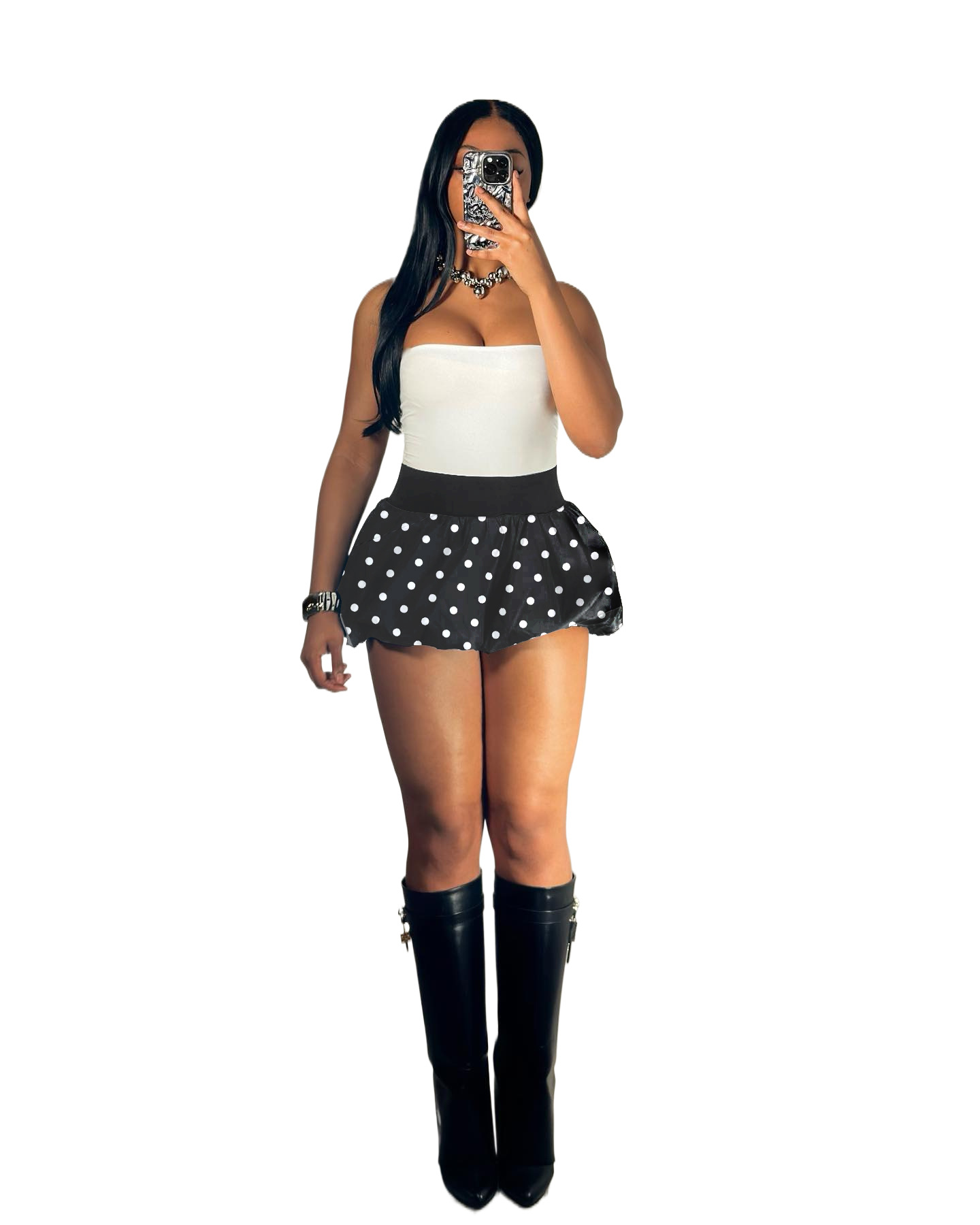 Retro Polka Dot Bubble Hem Skirt High Waist Flared Mini Skirt_voghion.com