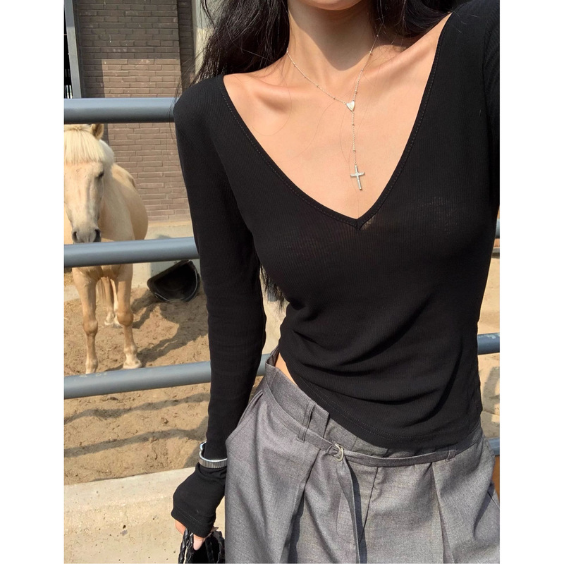 Sexy V-neck Black Long-sleeved T-shirt Women's Autumn Basic Slim-fit Inner Spice Girls Slimming All-match Base Shirt Top