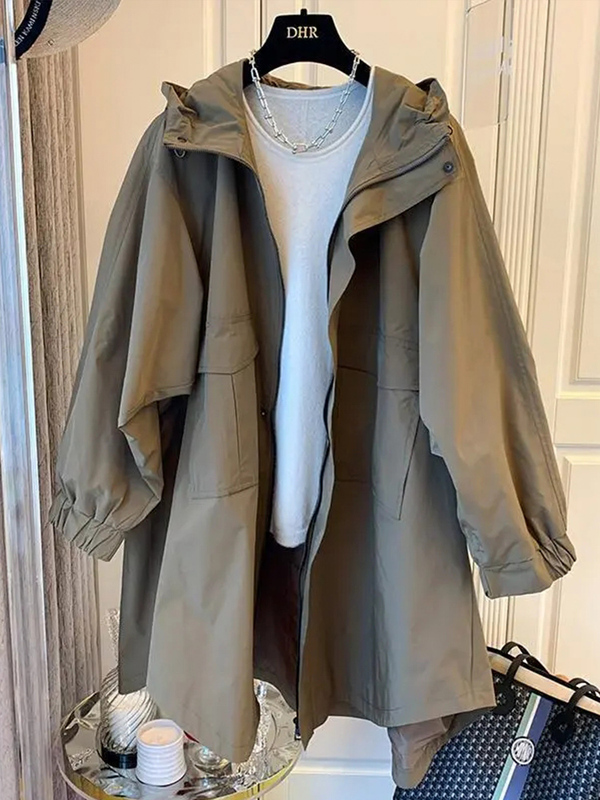 Designer Niche Japanese-Style Loose Casual Cocoon Double-Pocket Spliced Hooded Mid-Length Trench Coat for Women in Autumn