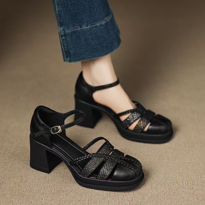 Sister Ran's Clearance Sale~~~ Sheepskin Petite Version High-Heeled Thick-Soled Closed-Toe Chunky Heel Sandals Mary Jane Shoes