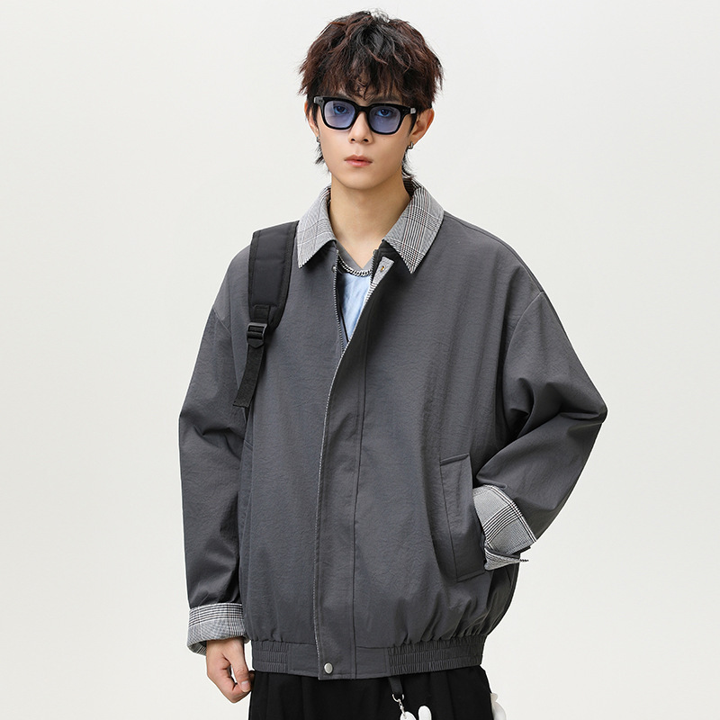 广州衣品男装复古撞色翻领外套男女春秋复古潮牌宽松棒球服夹克男|undefined